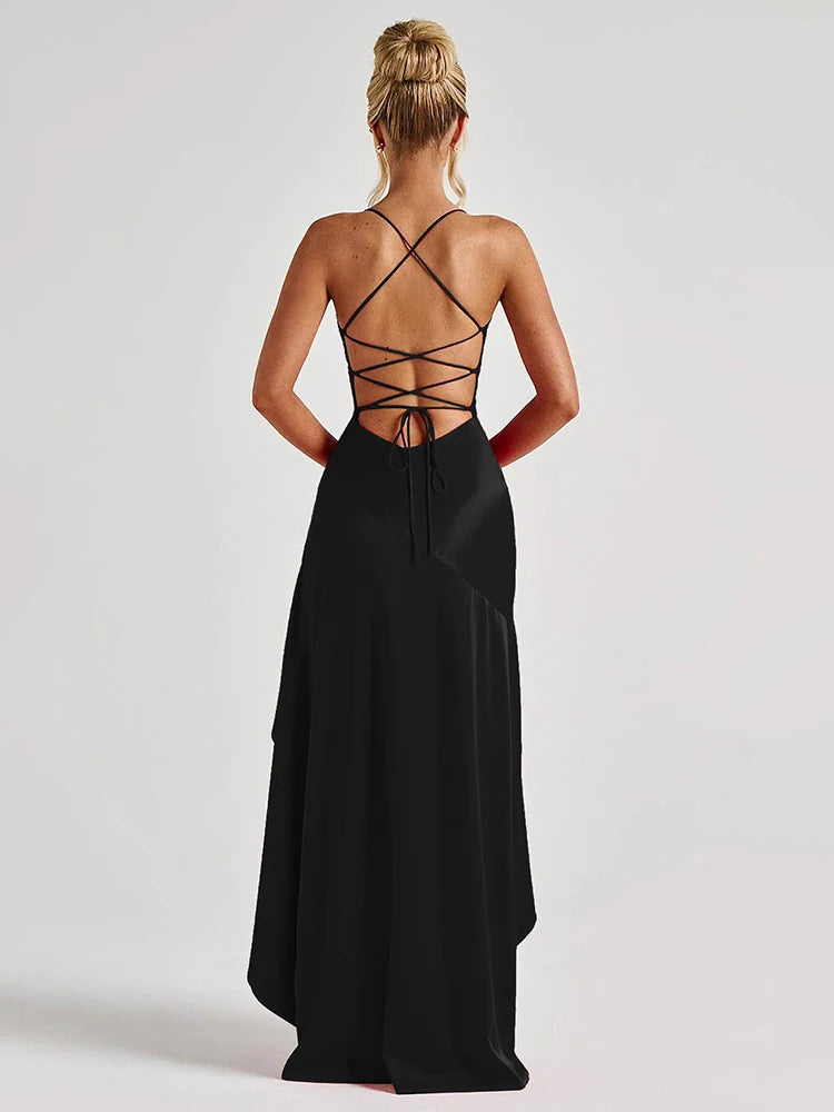 Elegant Black Satin Slit Dress β Ruffled Maxi Glam Look - BuzzMart