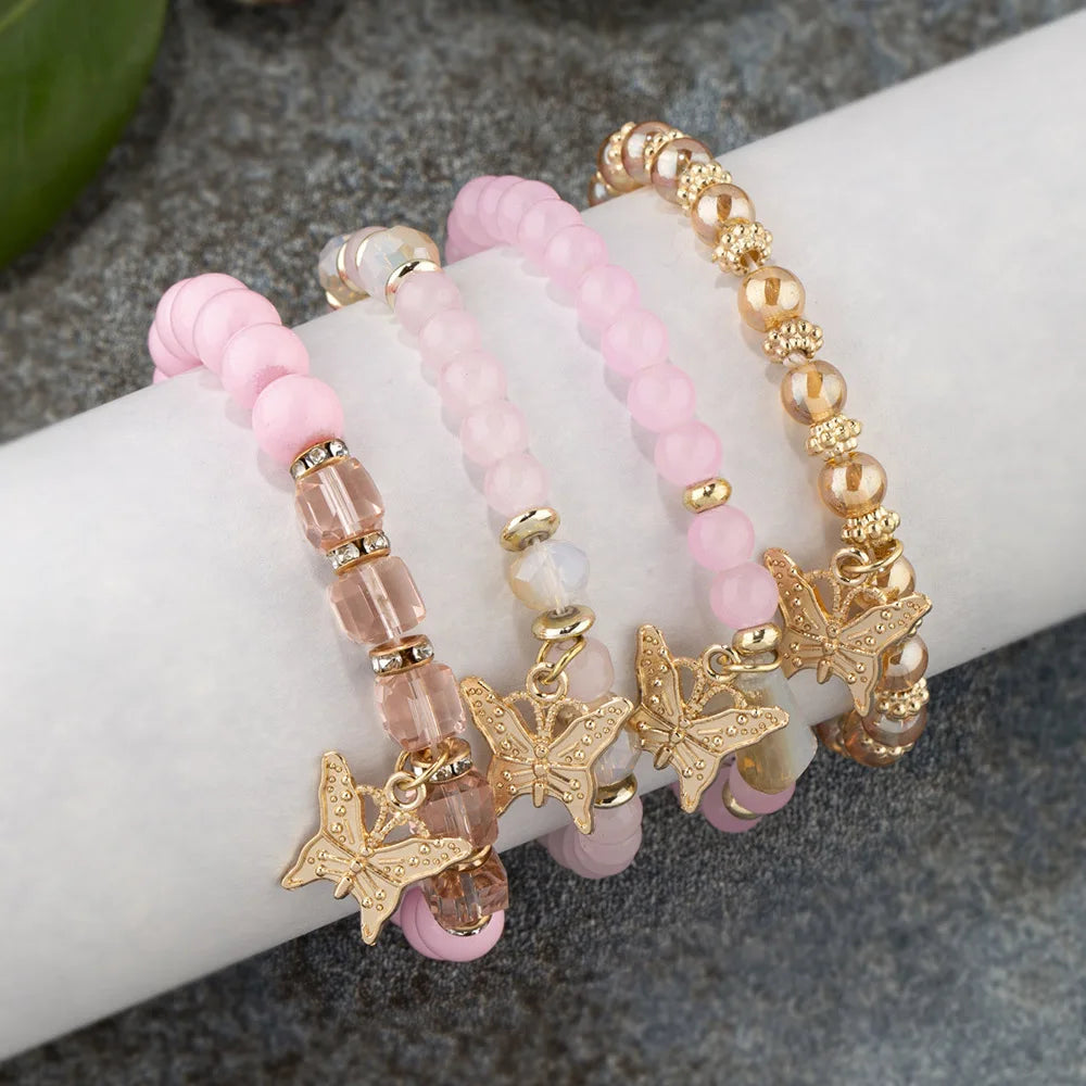 4Pcs Trendy Butterfly Beaded Bracelet Set For Women Pink Acrylic Beads Elastic Chain Bangle Female Bohemian Party Jewelry Gift - BuzzMart