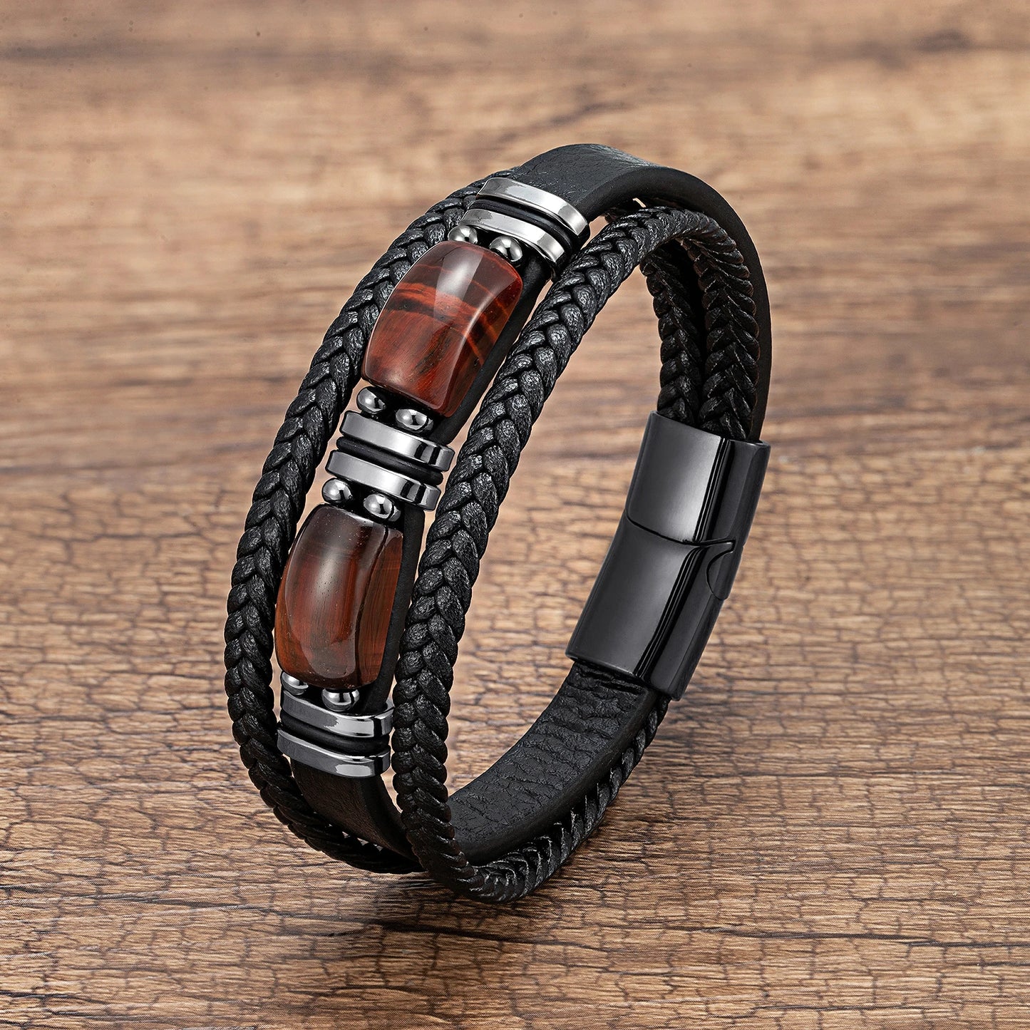 π₯ Bold Tiger Eye Bracelet β Braided Leather Men's Gift - BuzzMart