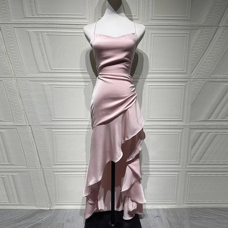 Luxury Satin Prom Gown – Off-Shoulder Elegant Halter Dress - BuzzMart