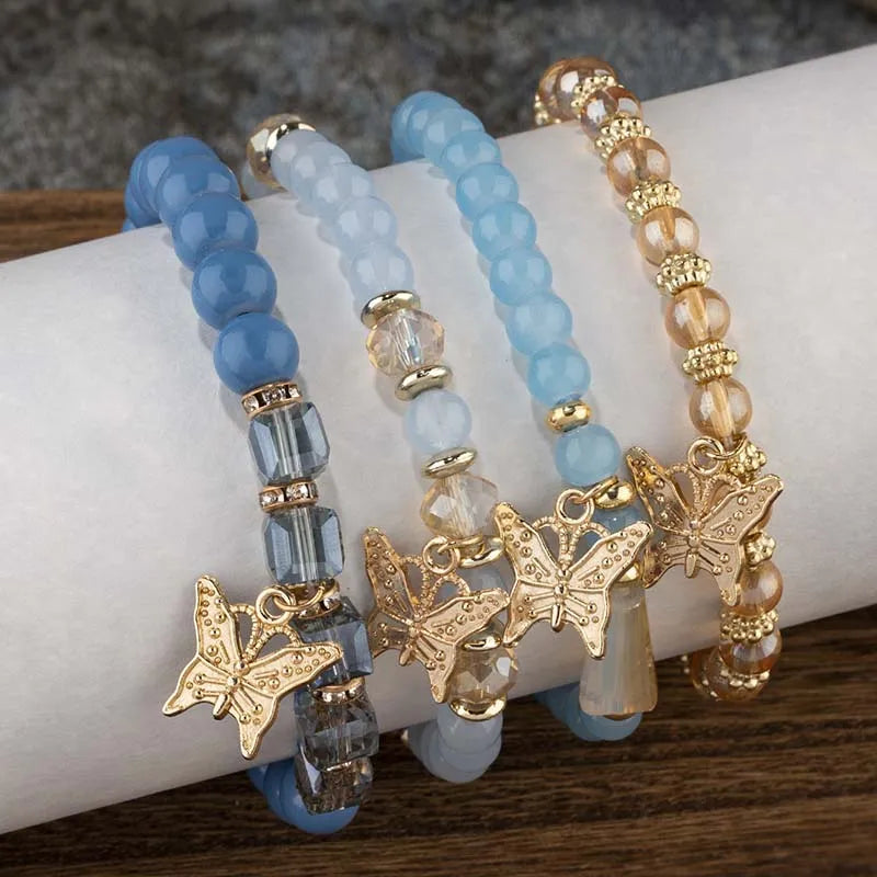 4Pcs Trendy Butterfly Beaded Bracelet Set For Women Pink Acrylic Beads Elastic Chain Bangle Female Bohemian Party Jewelry Gift - BuzzMart