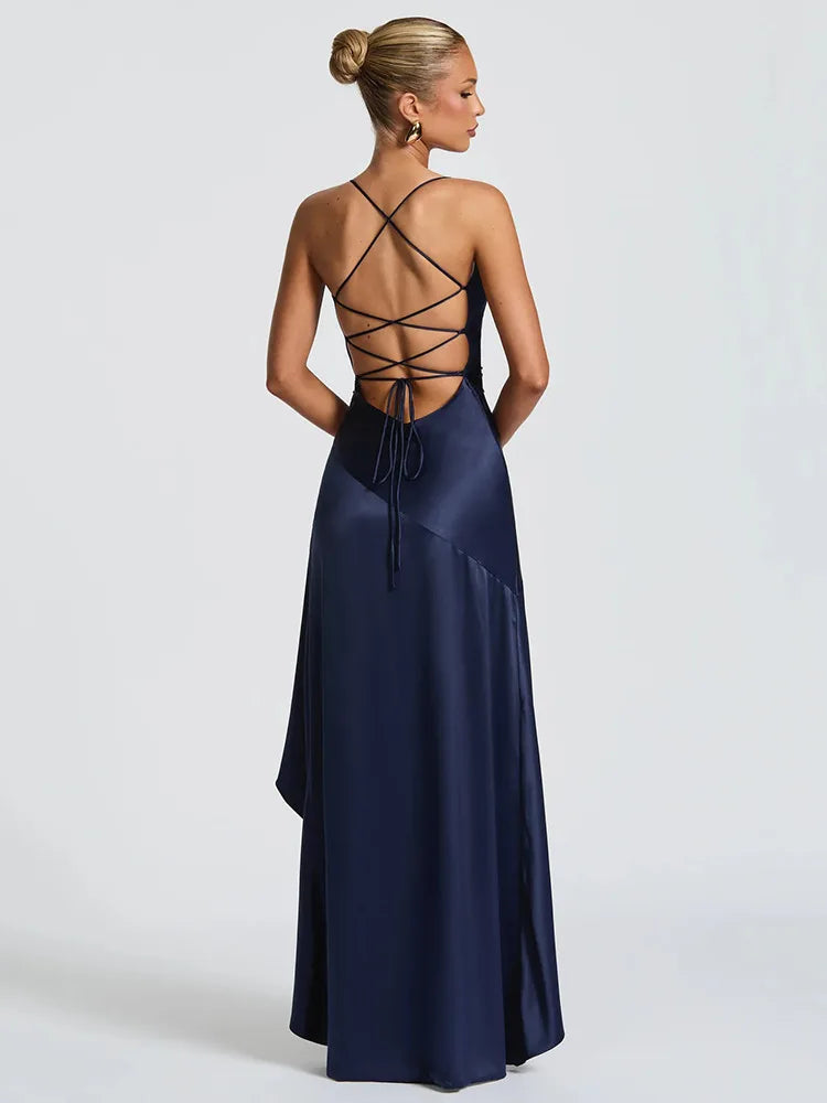 Sexy Satin Split Maxi Dress β Backless Holiday Glam Look - BuzzMart