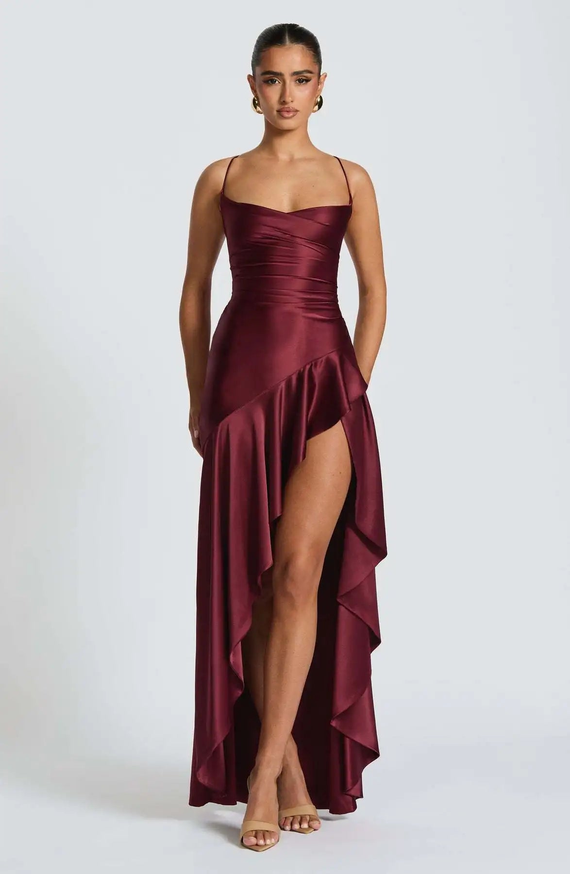 Elegant Satin Ruffle Maxi Dress – Backless Party Glam - BuzzMart