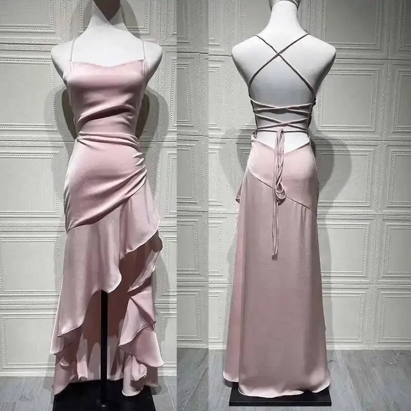 Elegant Satin Ruffle Maxi Dress – Backless Party Glam - BuzzMart