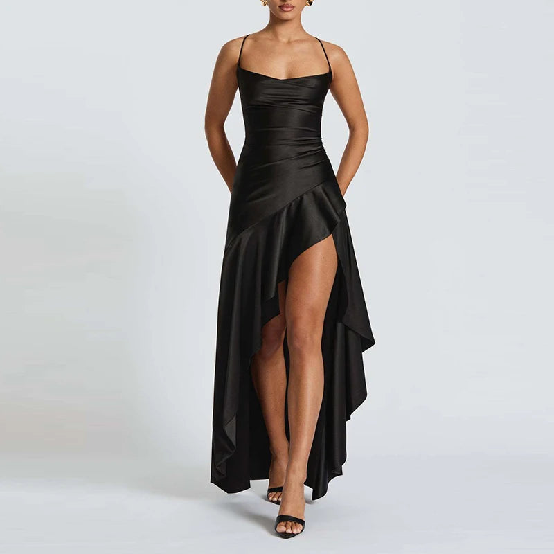 Luxury Satin Prom Gown – Off-Shoulder Elegant Halter Dress - BuzzMart