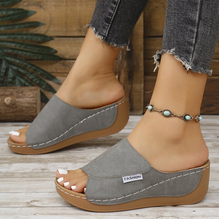 Summer Wedge Slides Slippers Fashion Fish Mouth Thick Bottom Roman Shoes Solid Color Beach Sandals For Women - BuzzMart