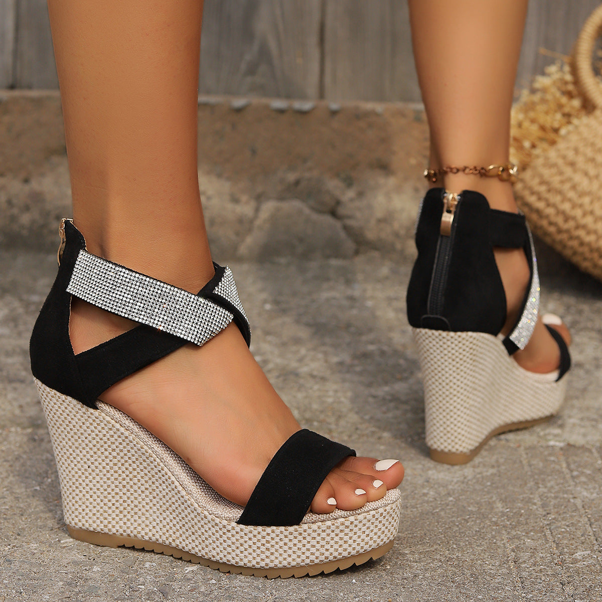 Fish Mouth High Wedges Sandals With Rhinestone Design Fashion Summer Platform Shoes For Women - BuzzMart