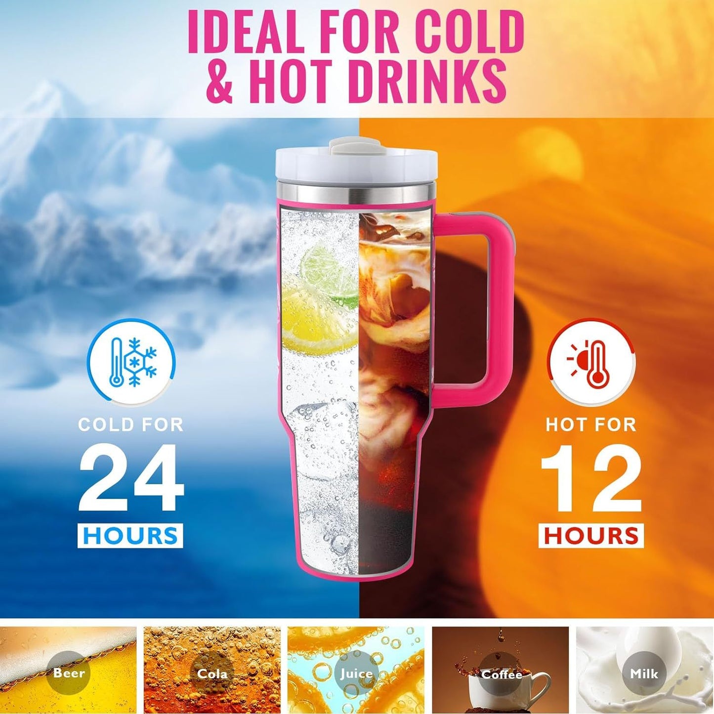 40 Oz Tumbler With Handle Straw Insulated, Stainless Steel Spill Proof Vacuum Coffee Cup Tumbler With Lid Tapered Mug Gifts For Valentine Lover Suitable For Car Gym Office Travel - BuzzMart