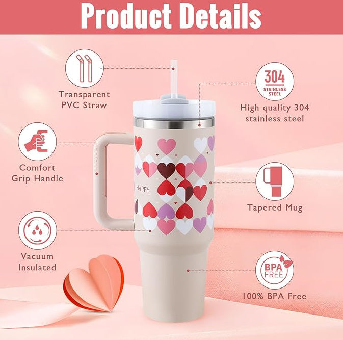 40 Oz Tumbler With Handle Straw Insulated, Stainless Steel Spill Proof Vacuum Coffee Cup Tumbler With Lid Tapered Mug Gifts For Valentine Lover Suitable For Car Gym Office Travel - BuzzMart