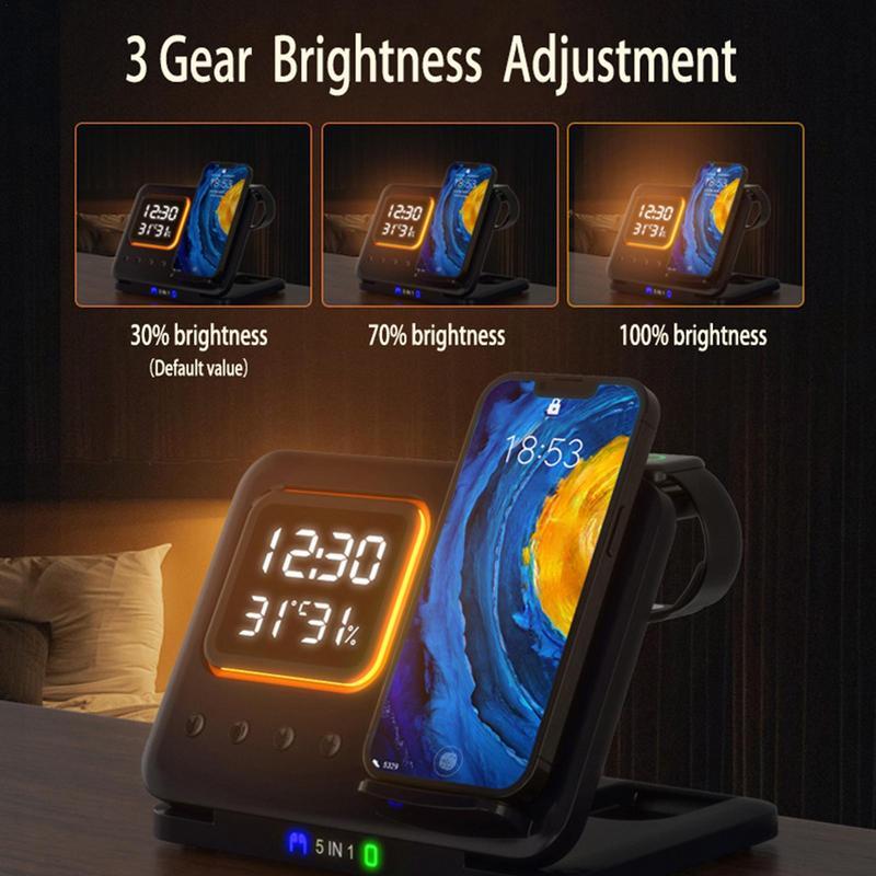 15W Wireless Chargers Stand 5 In1 LED Digital Alarm Clock Fast Charging Dock Station - BuzzMart
