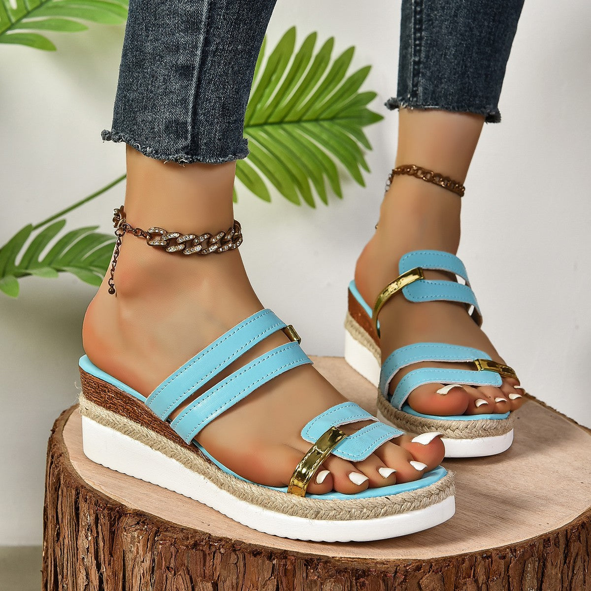 Colorblock-strap Wedges Sandals Summer Fashion Hemp Heel Slides Slippers Outdoor Thick Bottom Fish Mouth Shoes For Women - BuzzMart