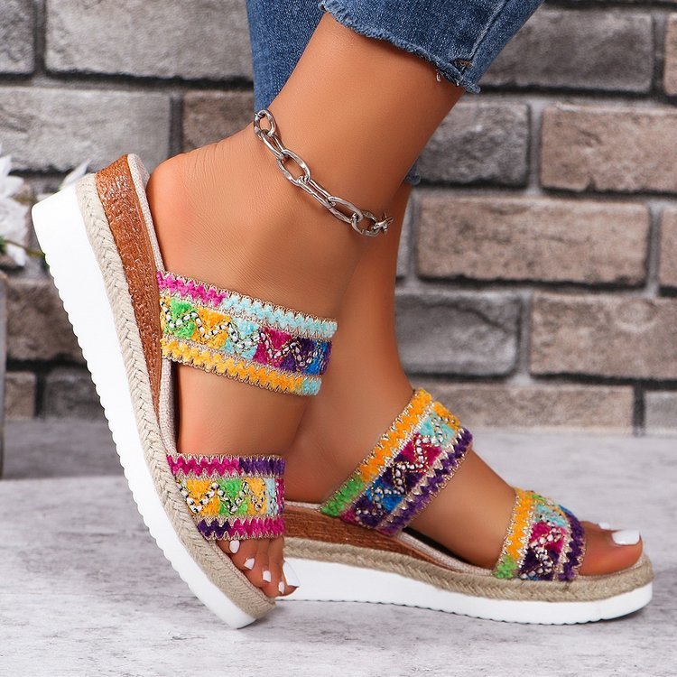 Fashion Wavy Pattern Woven Sandals Summer Casual Ethnic Style Slippers Linen Bottom Wide Strap Wedges Shoes For Women - BuzzMart
