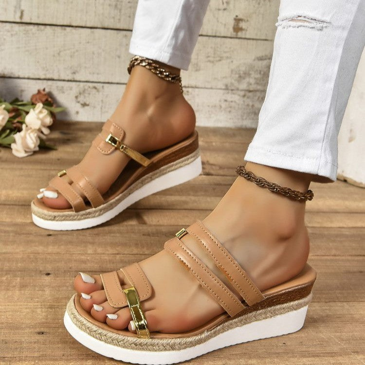 Colorblock-strap Wedges Sandals Summer Fashion Hemp Heel Slides Slippers Outdoor Thick Bottom Fish Mouth Shoes For Women - BuzzMart
