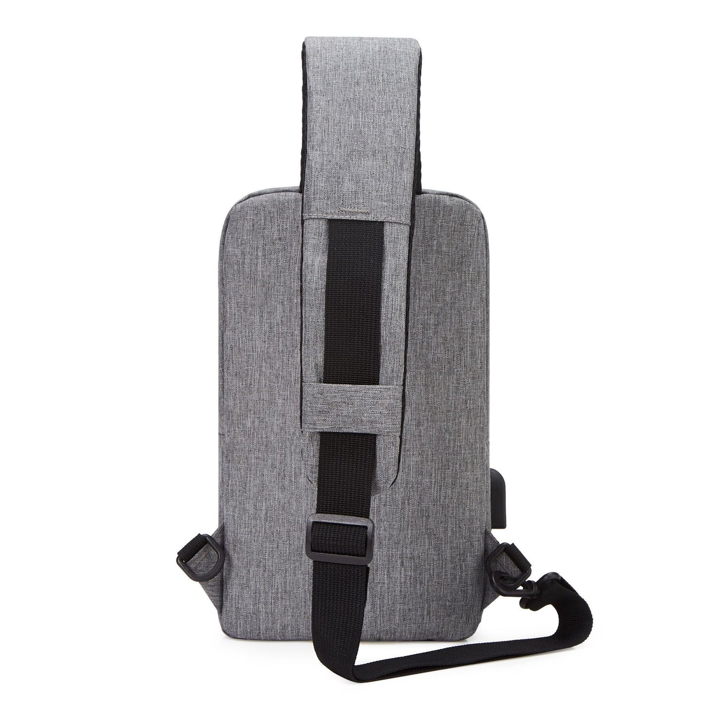 A grey sling bag is shown from the back, featuring a black strap and a visible USB charging port.

