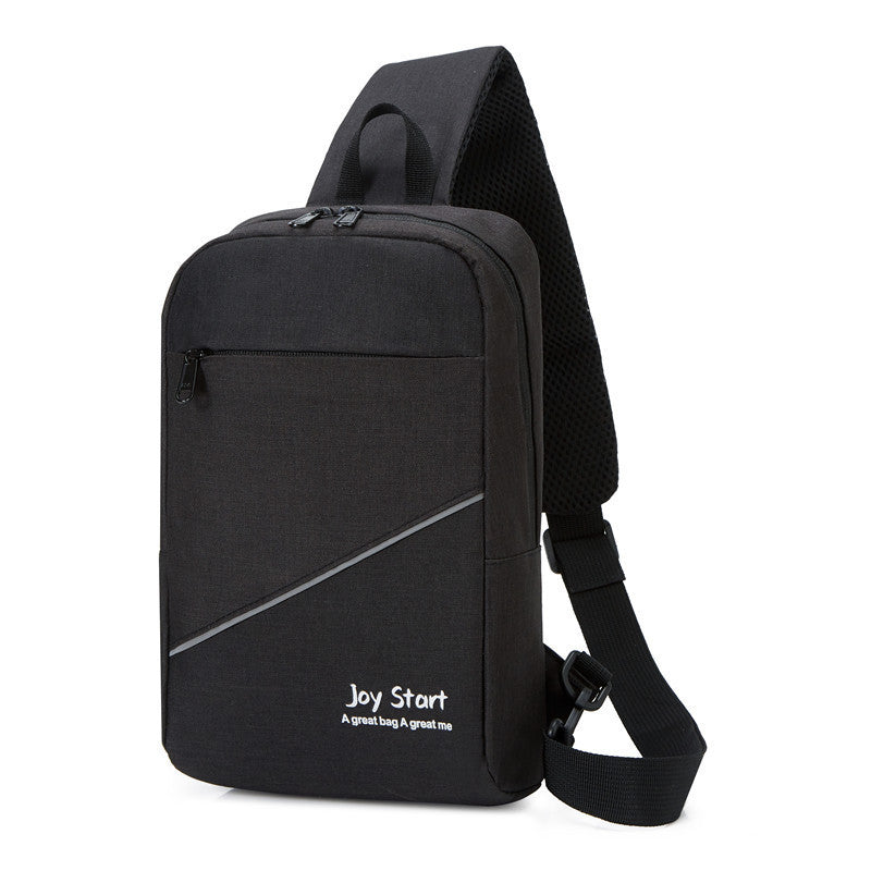 A black sling bag is displayed, featuring a diagonal reflective stripe, a white plus sign, and "Joy Start" branding with the slogan "A great bag A great me."