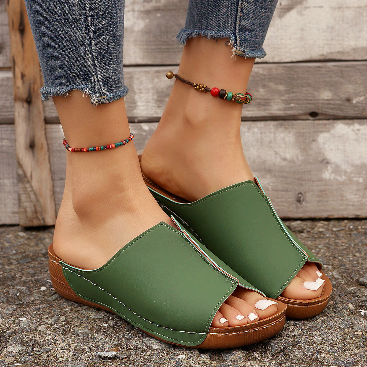 Fashion Solid Wedges Sandals Summer Casual Peep-toe Slippers Outdoor Thick Sole Heightening Slides Shoes Women - BuzzMart