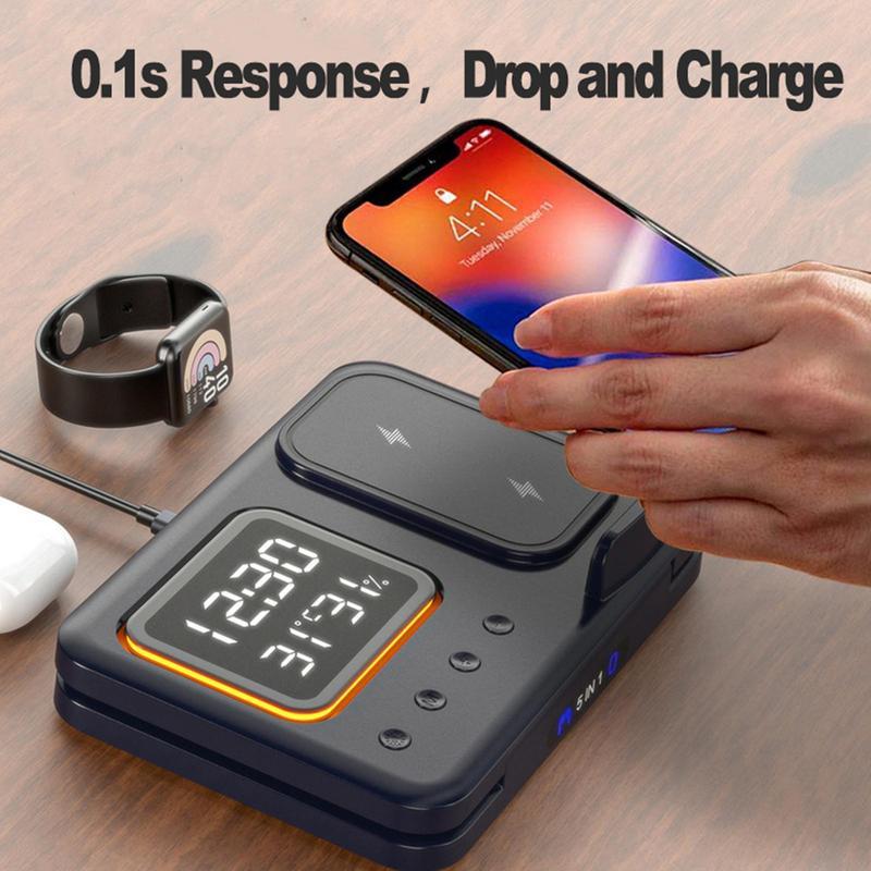 15W Wireless Chargers Stand 5 In1 LED Digital Alarm Clock Fast Charging Dock Station - BuzzMart