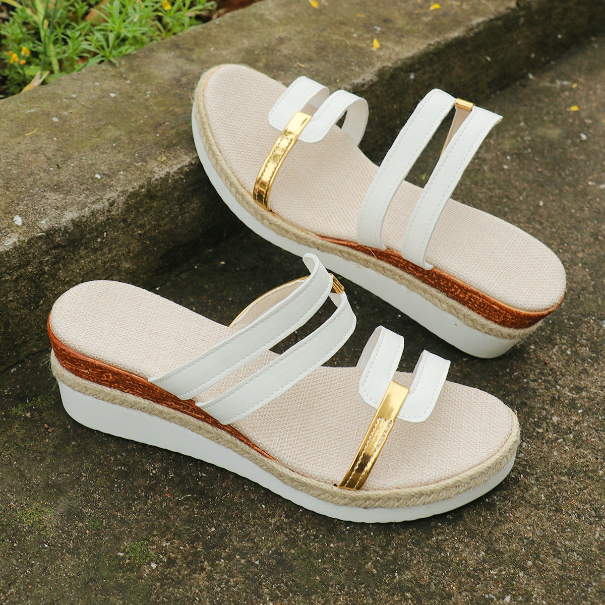 Colorblock-strap Wedges Sandals Summer Fashion Hemp Heel Slides Slippers Outdoor Thick Bottom Fish Mouth Shoes For Women - BuzzMart