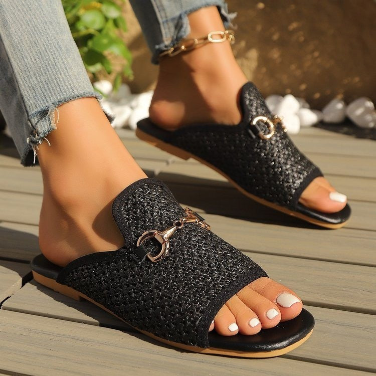 Hollow Square Toe Sandals Summer Fashion Solid Flats Slides Women Beach Shoes - BuzzMart