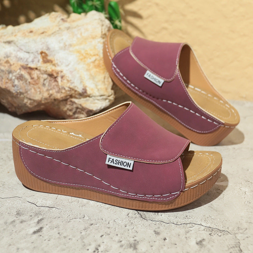 Summer Wedge Slides Slippers Fashion Fish Mouth Thick Bottom Roman Shoes Solid Color Beach Sandals For Women - BuzzMart