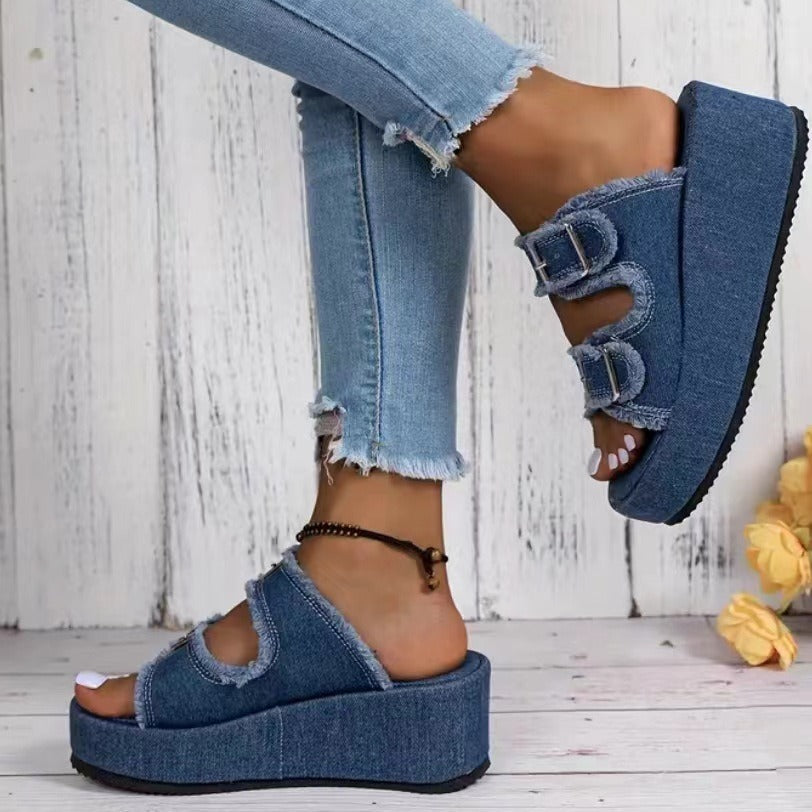 Denim Wedge Sandals – Trendy High Heels for Summer - BuzzMart