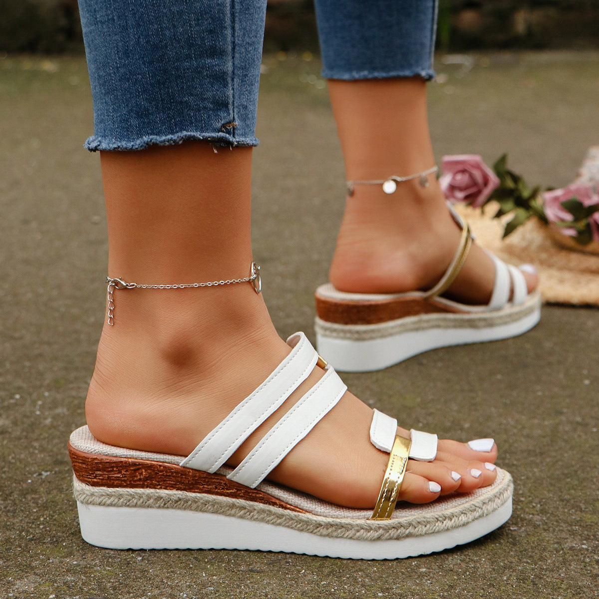 Colorblock-strap Wedges Sandals Summer Fashion Hemp Heel Slides Slippers Outdoor Thick Bottom Fish Mouth Shoes For Women - BuzzMart