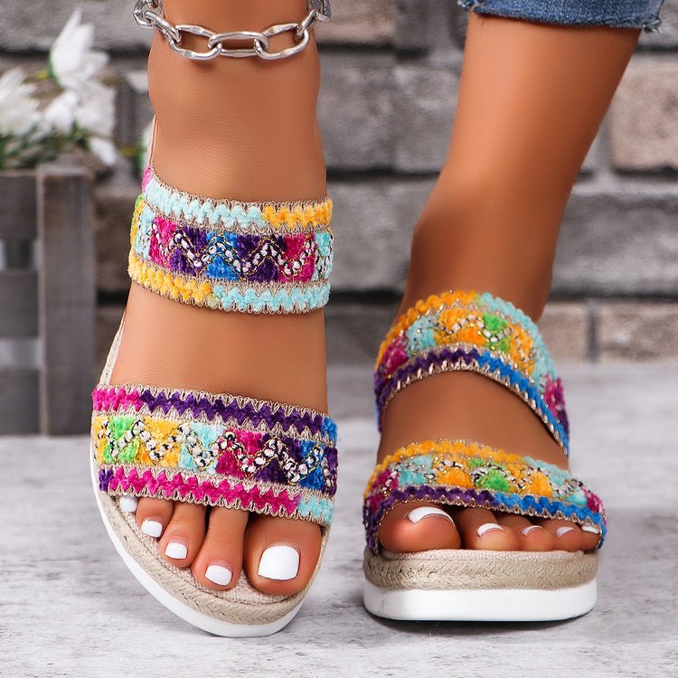 Fashion Wavy Pattern Woven Sandals Summer Casual Ethnic Style Slippers Linen Bottom Wide Strap Wedges Shoes For Women - BuzzMart