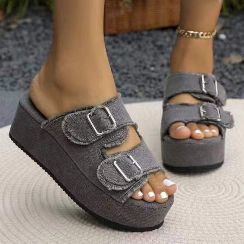 Denim Wedge Sandals – Trendy High Heels for Summer - BuzzMart