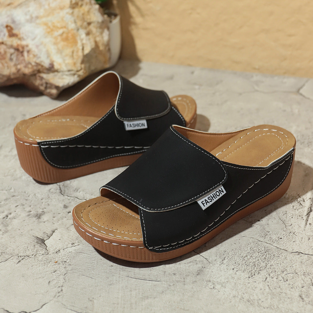 Summer Wedge Slides Slippers Fashion Fish Mouth Thick Bottom Roman Shoes Solid Color Beach Sandals For Women - BuzzMart