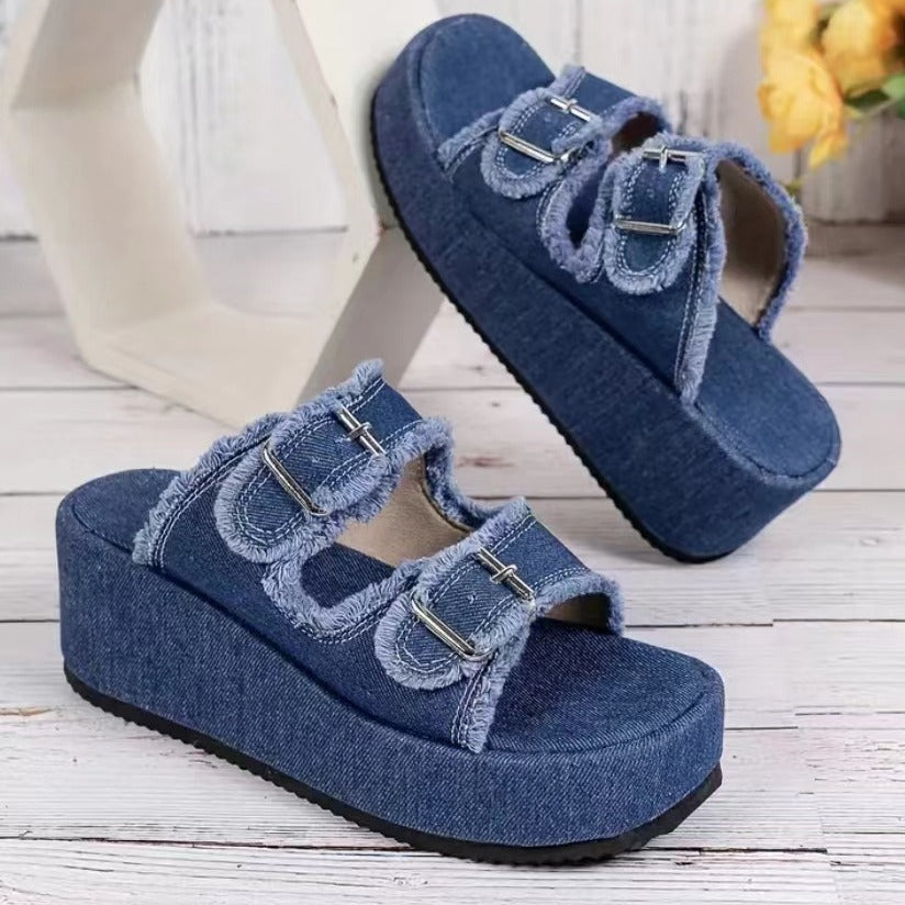 Denim Wedge Sandals – Trendy High Heels for Summer - BuzzMart