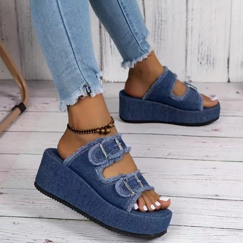 Denim Wedge Sandals – Trendy High Heels for Summer - BuzzMart