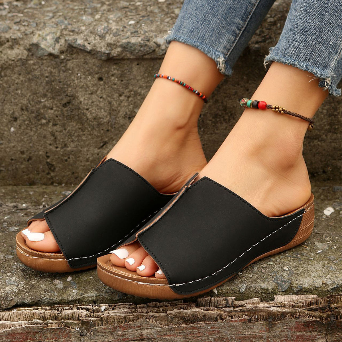 Fashion Solid Wedges Sandals Summer Casual Peep-toe Slippers Outdoor Thick Sole Heightening Slides Shoes Women - BuzzMart