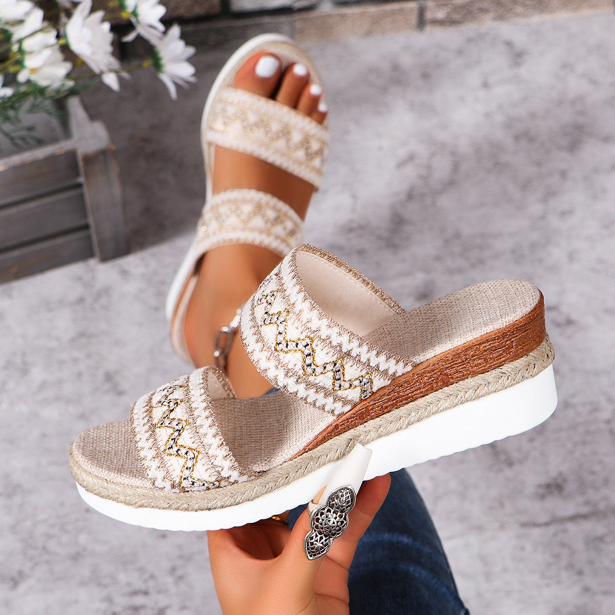Fashion Wavy Pattern Woven Sandals Summer Casual Ethnic Style Slippers Linen Bottom Wide Strap Wedges Shoes For Women - BuzzMart