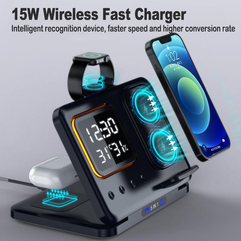 15W Wireless Chargers Stand 5 In1 LED Digital Alarm Clock Fast Charging Dock Station - BuzzMart