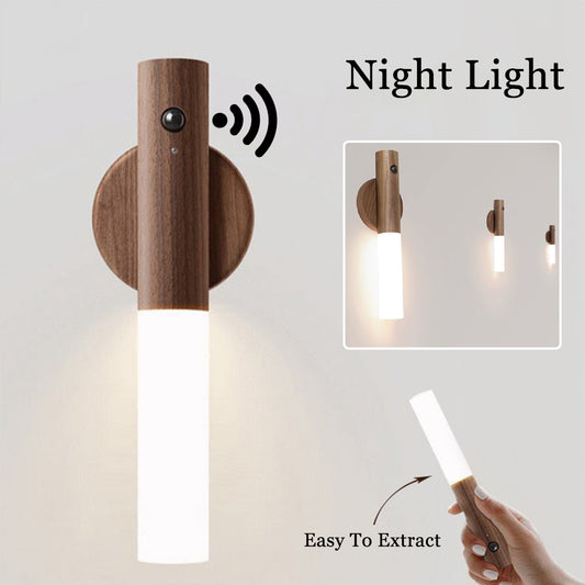 Auto LED USB Magnetic Wood Wireless Night Light Corridors Porch Lights PIR Motion Sensor Wall Light Cabinet Lamp - BuzzMart