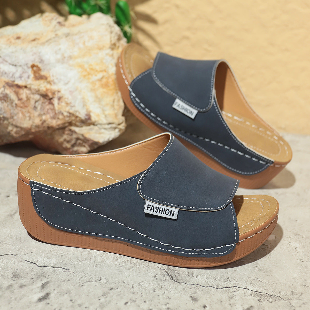 Summer Wedge Slides Slippers Fashion Fish Mouth Thick Bottom Roman Shoes Solid Color Beach Sandals For Women - BuzzMart