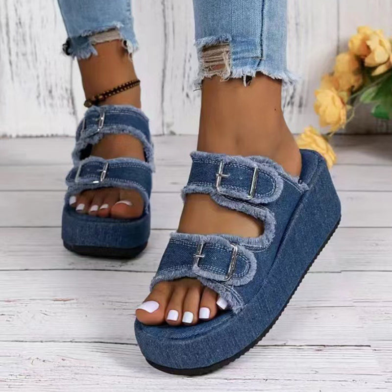 Denim Wedge Sandals – Trendy High Heels for Summer - BuzzMart