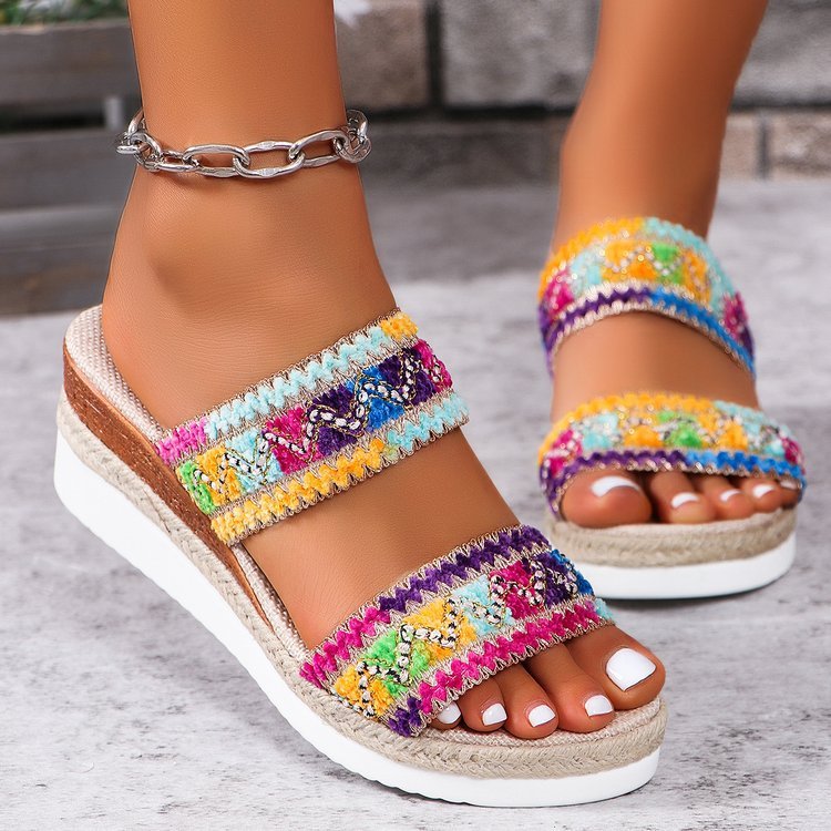 Fashion Wavy Pattern Woven Sandals Summer Casual Ethnic Style Slippers Linen Bottom Wide Strap Wedges Shoes For Women - BuzzMart