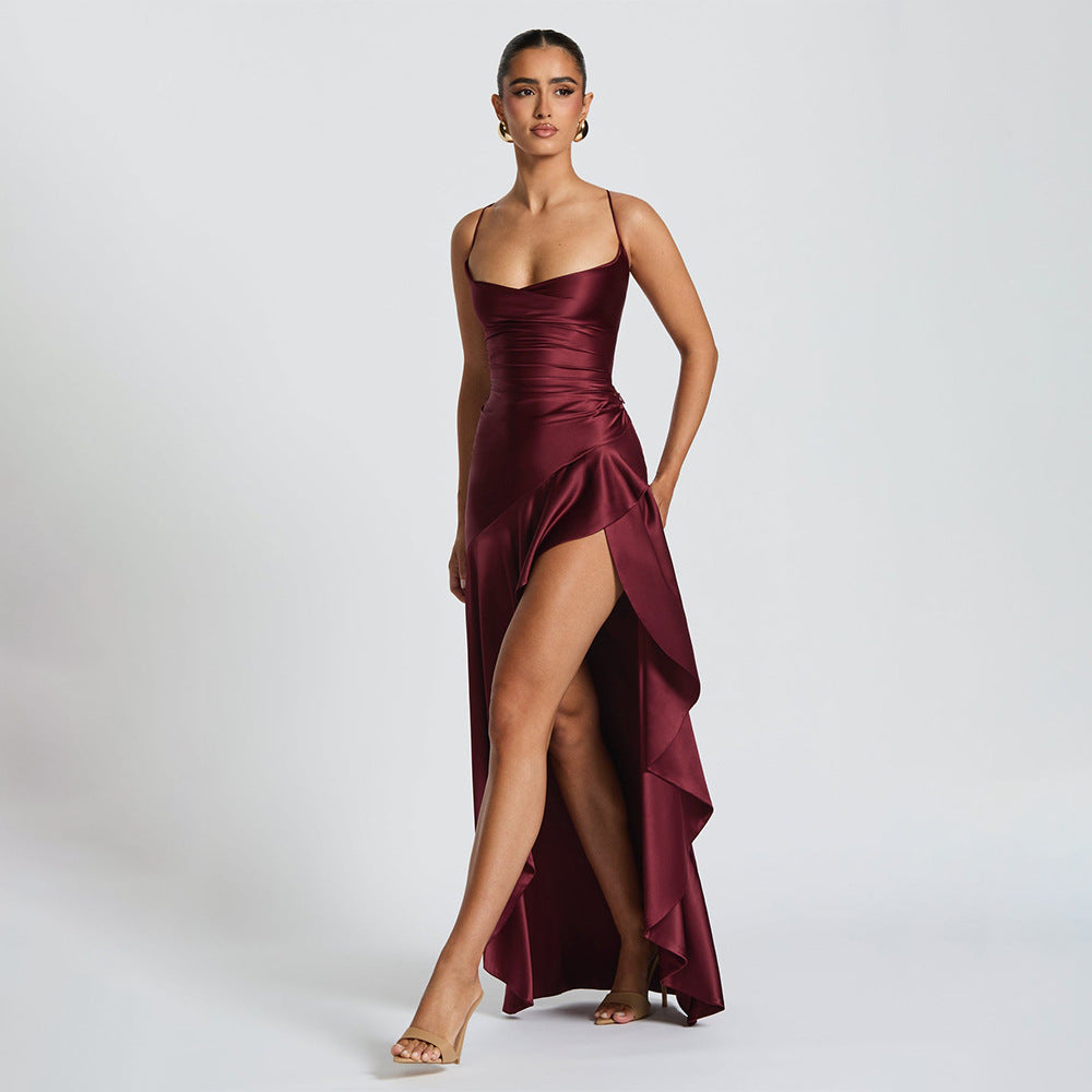 Elegant Satin Ruffle Slit Dress – Trendy Summer Club-wear - BuzzMart