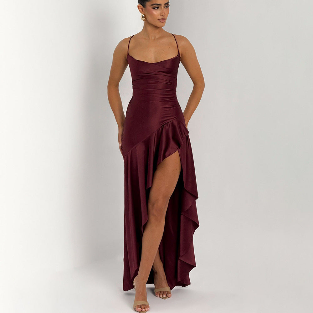 Elegant Satin Ruffle Slit Dress – Trendy Summer Club-wear - BuzzMart