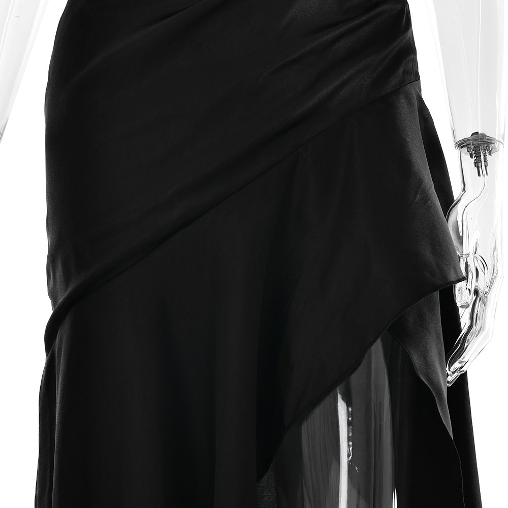 Elegant Satin Ruffle Slit Dress – Trendy Summer Club-wear - BuzzMart
