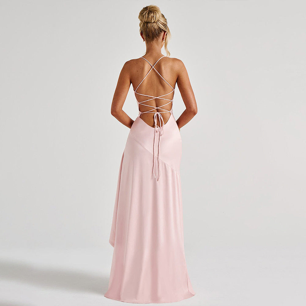 Elegant Satin Ruffle Slit Dress – Trendy Summer Club-wear - BuzzMart