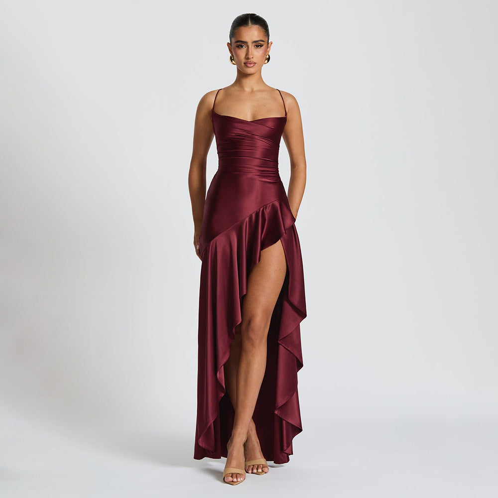 Elegant Satin Ruffle Slit Dress – Trendy Summer Club-wear - BuzzMart