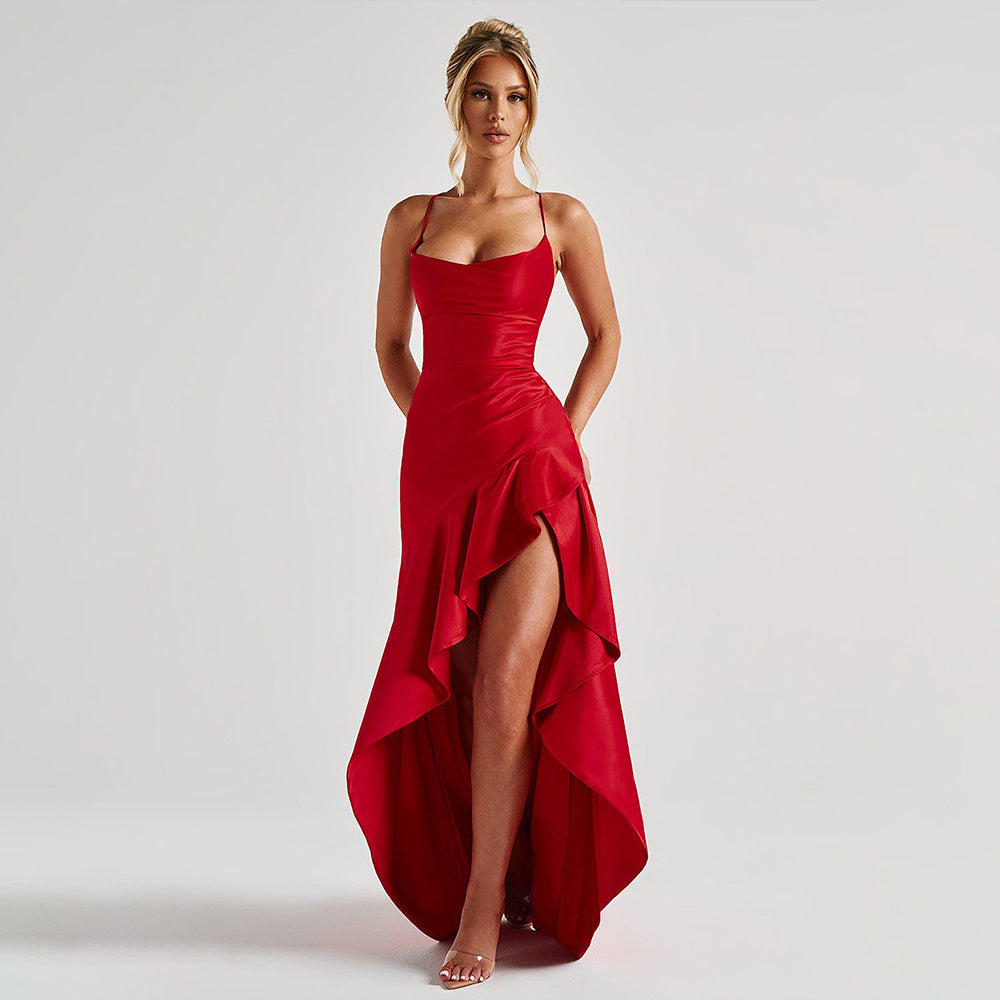 Elegant Satin Ruffle Slit Dress – Trendy Summer Club-wear - BuzzMart