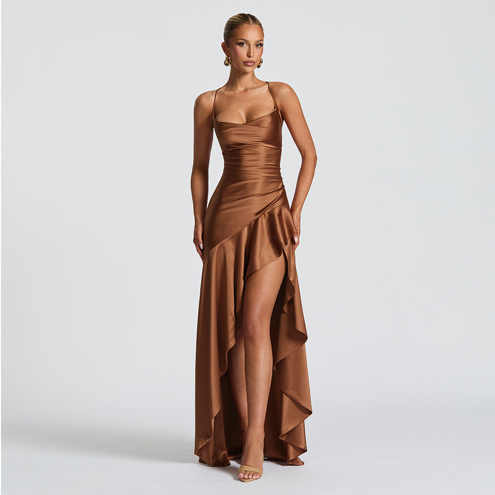 Elegant Satin Ruffle Slit Dress – Trendy Summer Club-wear - BuzzMart