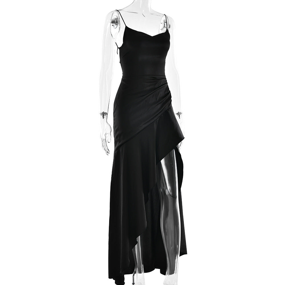 Elegant Satin Ruffle Slit Dress – Trendy Summer Club-wear - BuzzMart