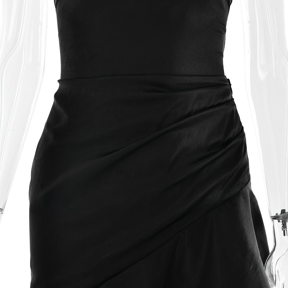 Elegant Satin Ruffle Slit Dress – Trendy Summer Club-wear - BuzzMart