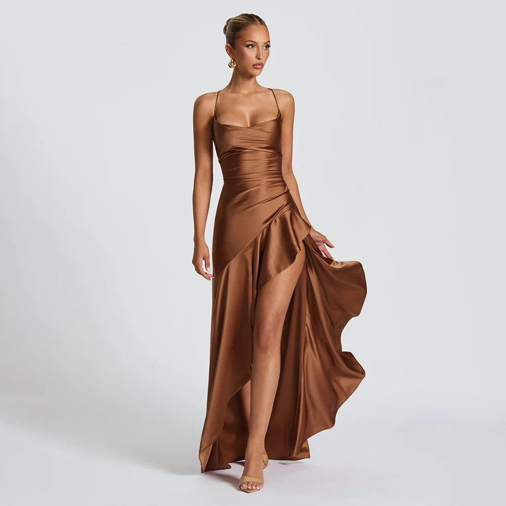Elegant Satin Ruffle Slit Dress – Trendy Summer Club-wear - BuzzMart