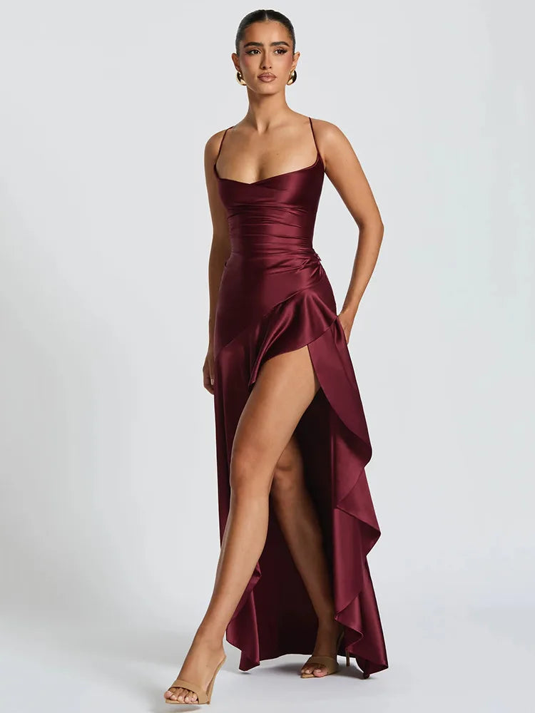 Sexy Satin Split Maxi Dress – Backless Holiday Glam Look - BuzzMart