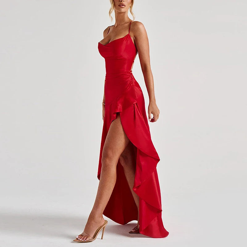 Elegant Ruffle Lace-Up Maxi Dress – Backless Banquet Glam - BuzzMart